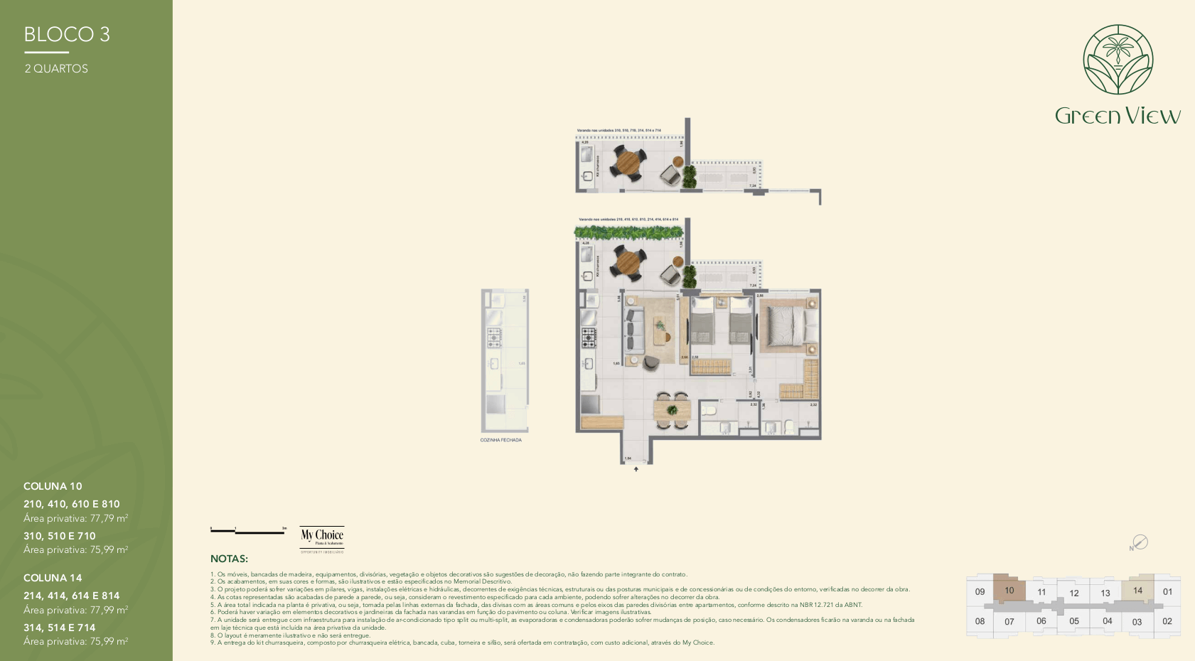 Distribuição interna da cobertura coluna 10 no Green Park Barra, destacando espaços integrados