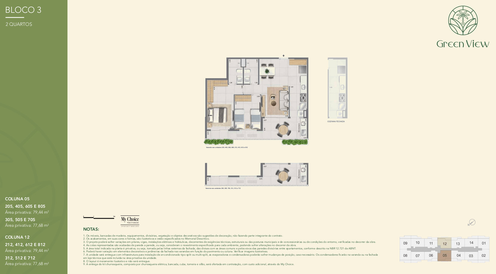 Layout da cobertura coluna 12 no Green Park Barra com varanda gourmet e sala ampliada