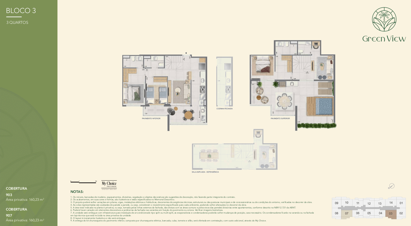 Vista geral das plantas tipo cobertura do Green Park Barra com diferentes configurações de cômodos