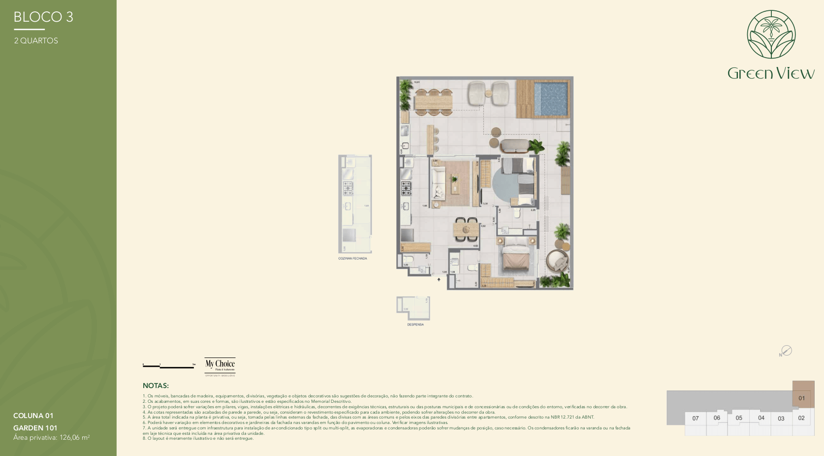 Planta tipo da coluna 1 no Green Park Barra com dois quartos e varanda espaçosa