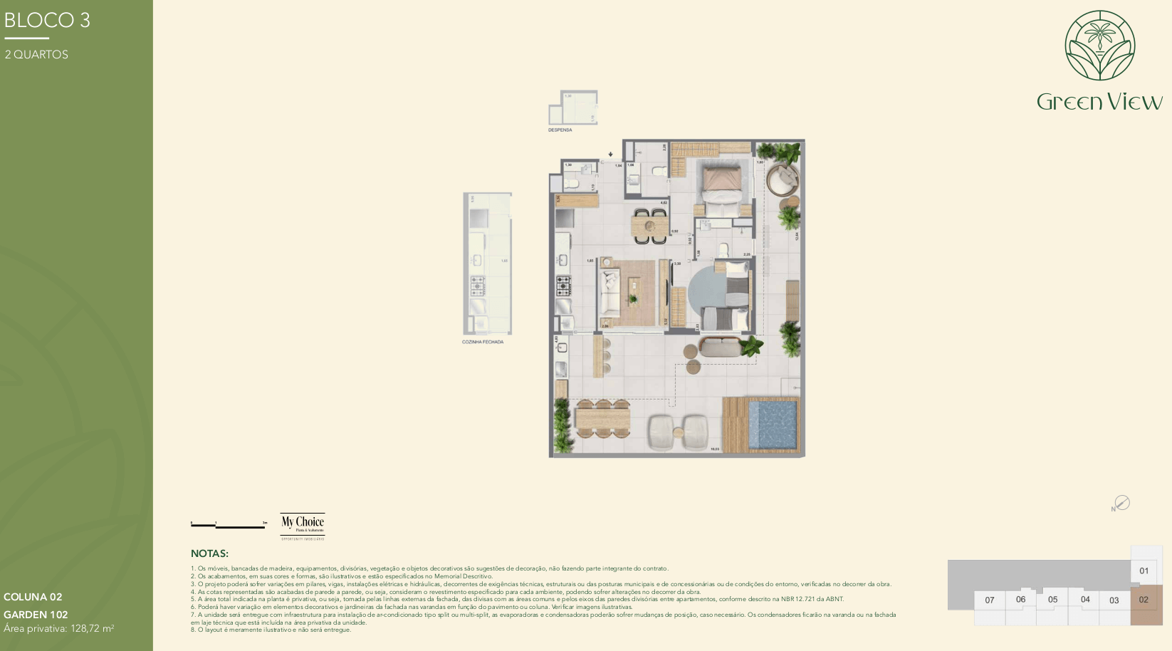 Distribuição da unidade coluna 2 no Green Park Barra com cozinha americana e sala integrada