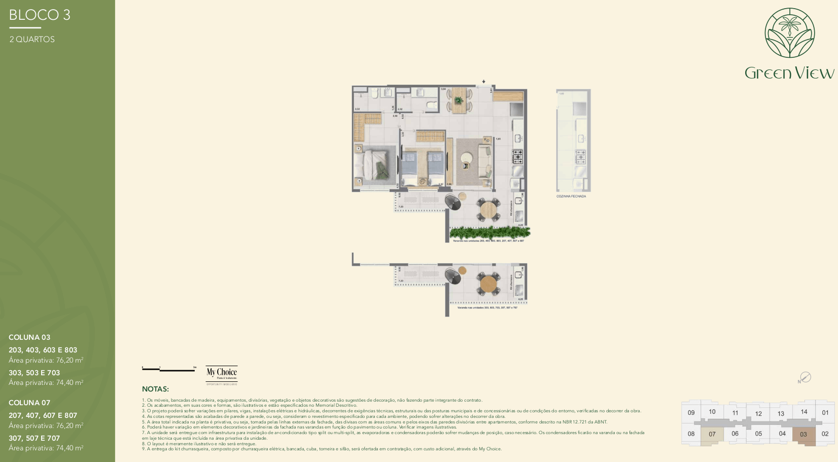 Planta da unidade coluna 3 do Green Park Barra, com suíte principal e varanda com vista