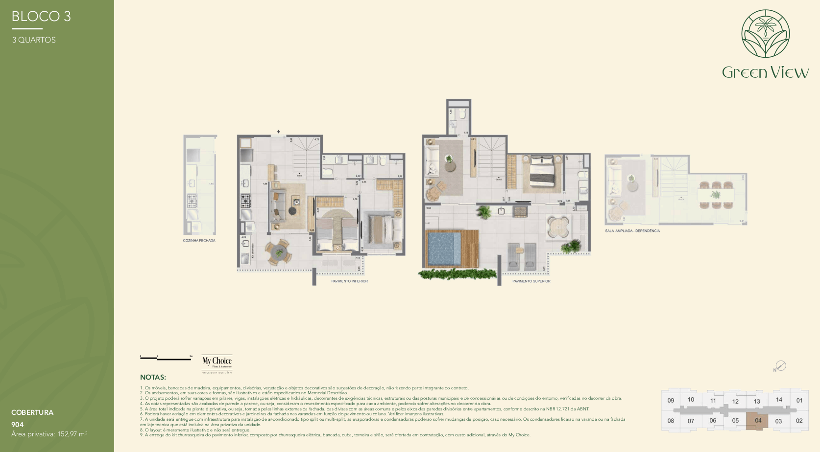 Distribuição dos ambientes da coluna 4 no Green Park Barra com área de serviço separada