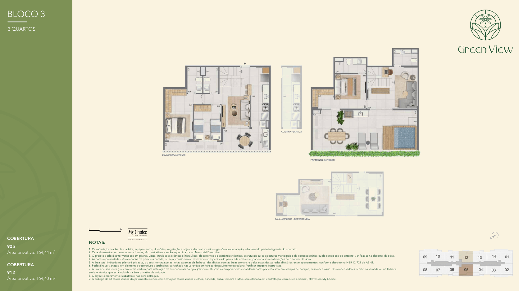 Planta da coluna 5 no Green Park Barra, com dois dormitórios e living ampliado